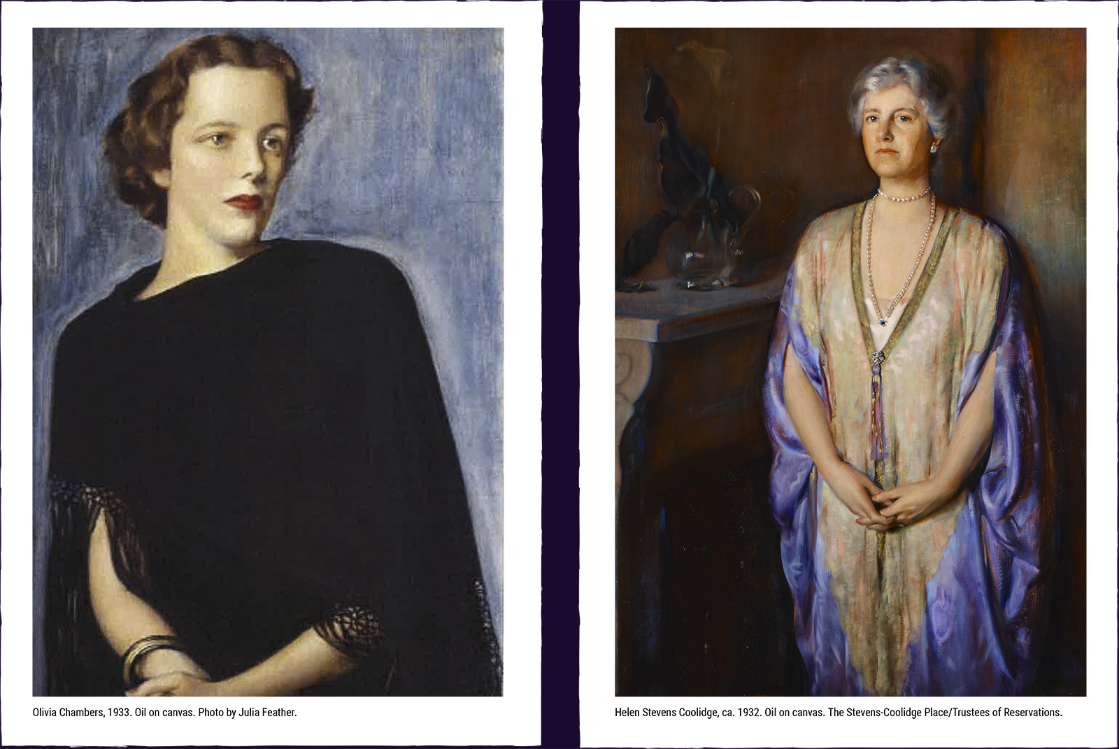 Two portrait paintings. (1) Olivia Chambers, 1933. Oil on canvas. Fruitlands Museum, Harvard, MA. Photo by Julia Feather. (2) Helen Stevens Coolidge, 1932. Oil on canvas. Private collection.